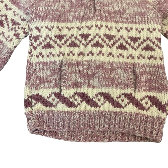 Vintage Cowichan Burgundy Cream Cowl Neck 1/4 Zip Handmade Sweater Kangaroo Pckt - Picture 3 of 12